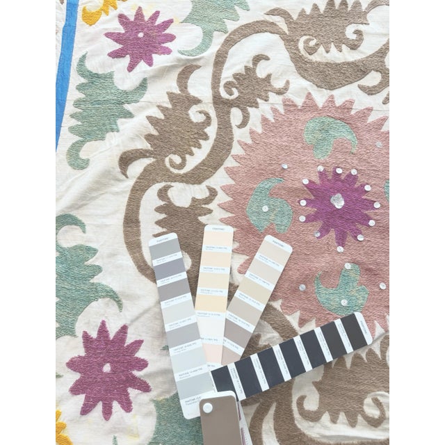Textile Hand-Embroidered Neutral Tan Suzani Tapestry, 3'10'' X 4'2'' For Sale - Image 7 of 8