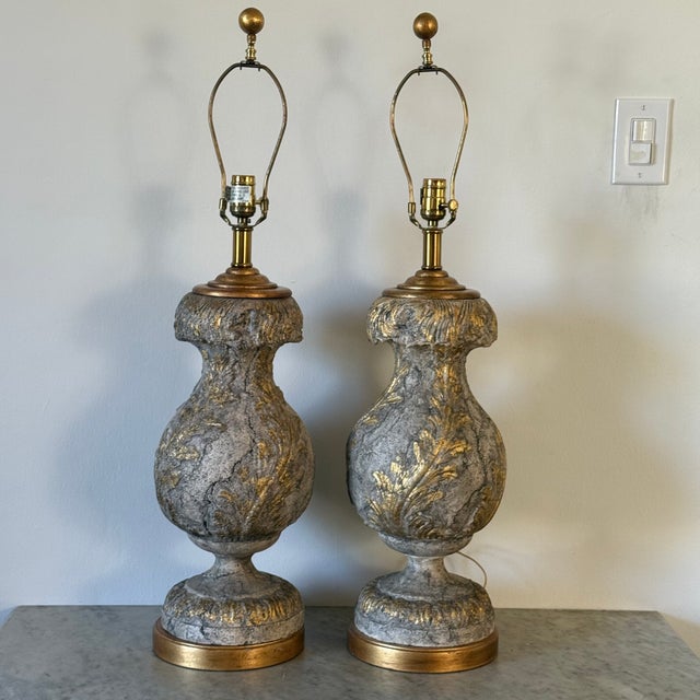 Vintage Stoneware Maitland Smith Table Lamp With Gilt Fleur-De-Lis Scrollwork, a Pair Measure approx: 34H x 25 (to socket)...