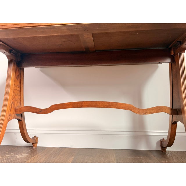 Wood 1950s Baker Furniture Mahogany and Burl Wood Writing Desk / Console Table With Gallery Back – Traditional Elegant Design For Sale - Image 7 of 17