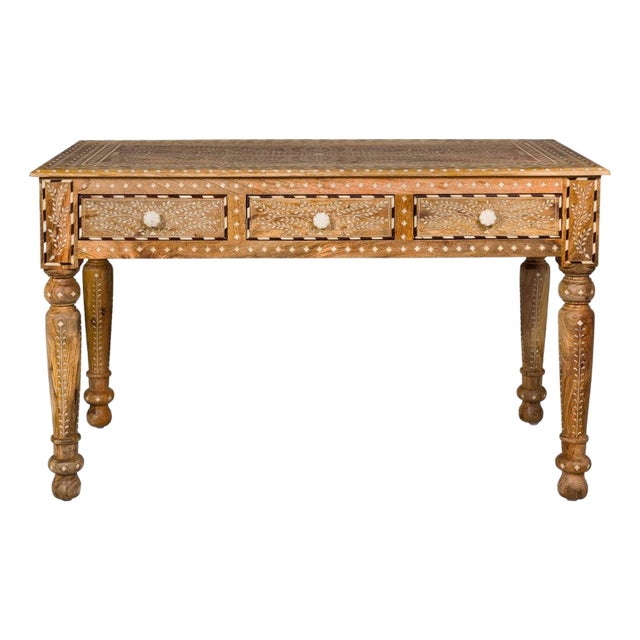 Anglo Style Mango Wood Desk with Drawers, Bone Inlay and Light Patina For Sale