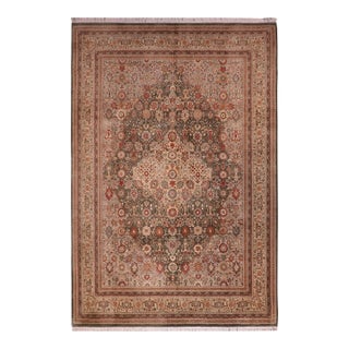 Medallion 1990's Floral Pak-Persian Green/Tan Wool Rug - 9'1'' X 12'2'' For Sale