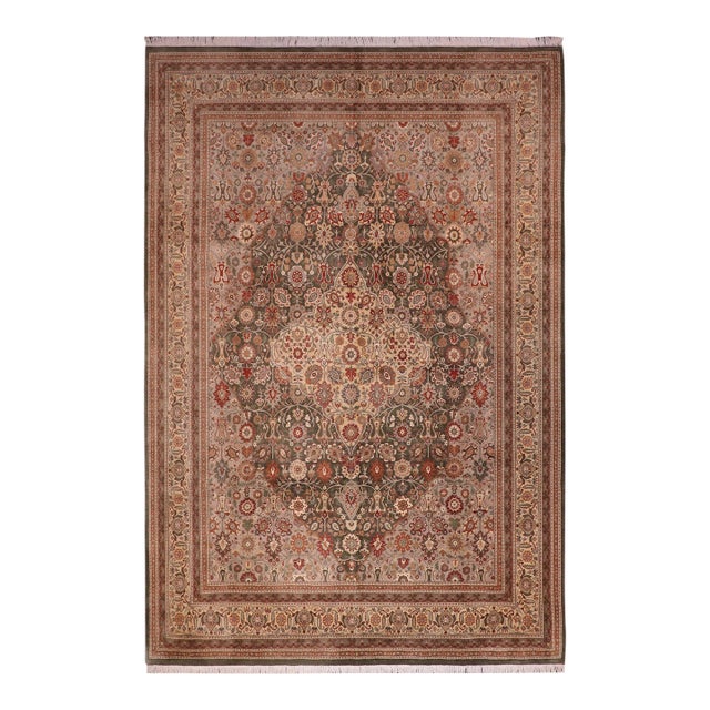 Medallion 1990's Floral Pak-Persian Green/Tan Wool Rug - 9'1'' X 12'2'' For Sale