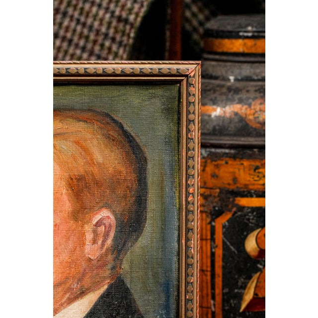 Art Deco Era Antique Oil Painting Profile Portrait of Young Man in Suit Framed For Sale - Image 9 of 12