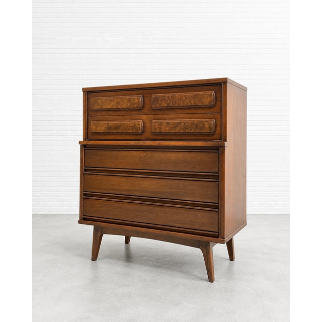 United Furniture Corporation Mid Century Modern Walnut Dresser by United Furniture Co. | Burled Drawers | Refinished Storage 1960's For Sale - Image 4 of 11