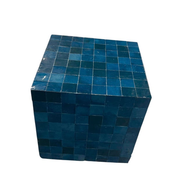 Vintage Moroccan Deep Blue Zellige Terracotta Tile Cube Side Table For Sale - Image 4 of 12