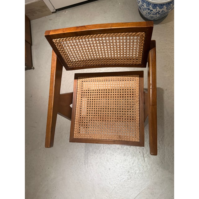 Mid-Century Modern Vintage Teak & Cane Chandigarh-Style Armchair, Pierre Jeanneret Style For Sale - Image 3 of 14