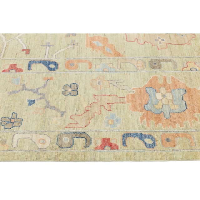 Green Modern Oushak Style Hand-Knotted Wool Area Rug – Sage Green & Multi 12x16 For Sale - Image 8 of 11