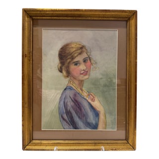 Vintage Art Deco Style Watercolor Portrait of Elegant Young Woman, Framed For Sale