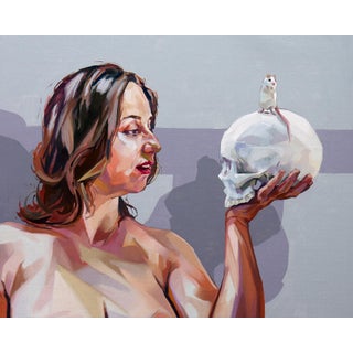 Unexpected Links by Ale Casanova | Oil on linen Woman holding a skull with a mouse on top. For Sale