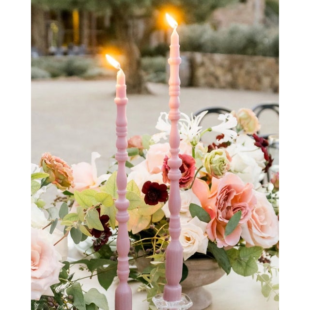 Illuminate your tabletop with a set of two Spindle Leg Tapers in Smoked Lilac. With an elongated, architectural...