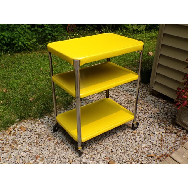 Mid-Century Modern Vintage Industrial Yellow Cosco Chrome Kitchen 3 Shelf Utility Cart With Wheels For Sale - Image 3 of 18