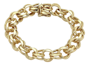 Mid 20th Century 14k Yellow Gold Textured Double Round Link Charm Bracelet 12mm Wide 7.5"