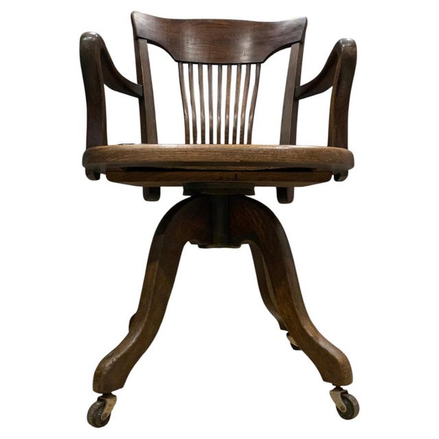 Antique Victorian Oak Railback Clerks Desk Chair with Porcelain Castors, 1890s For Sale - Image 3 of 12