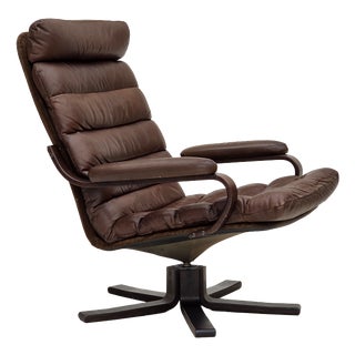 Danish Swivel Armchair in Brown Furniture Leather from Georg Thams, 1970s For Sale