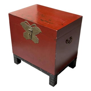 Antique Chinese Raised Red Tansu Box With Brass Butterfly Hardware For Sale