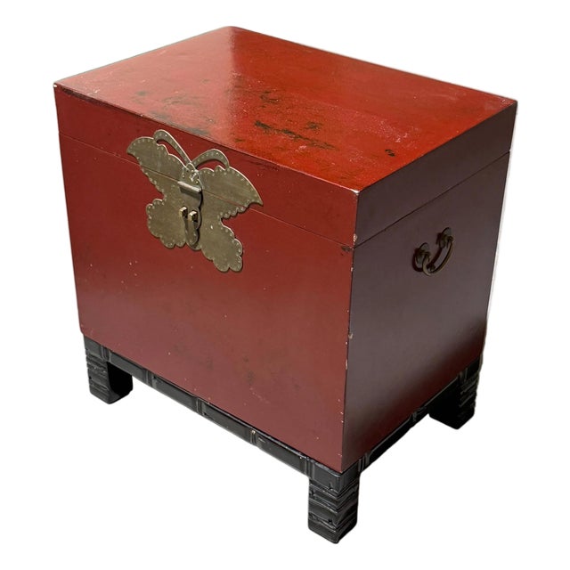 Antique Chinese Raised Red Tansu Box With Brass Butterfly Hardware For Sale