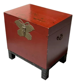 Antique Chinese Raised Red Tansu Box With Brass Butterfly Hardware