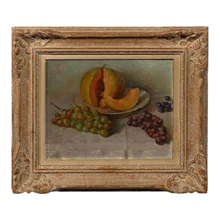 19th Century Framed Oil Still Life Painting of Fruit, Grapes, and Melon For Sale