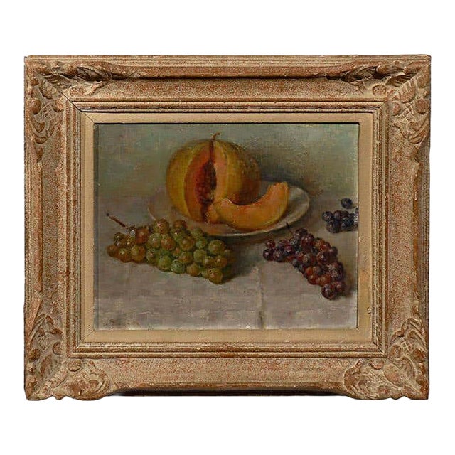 19th Century Framed Oil Still Life Painting of Fruit, Grapes, and Melon For Sale