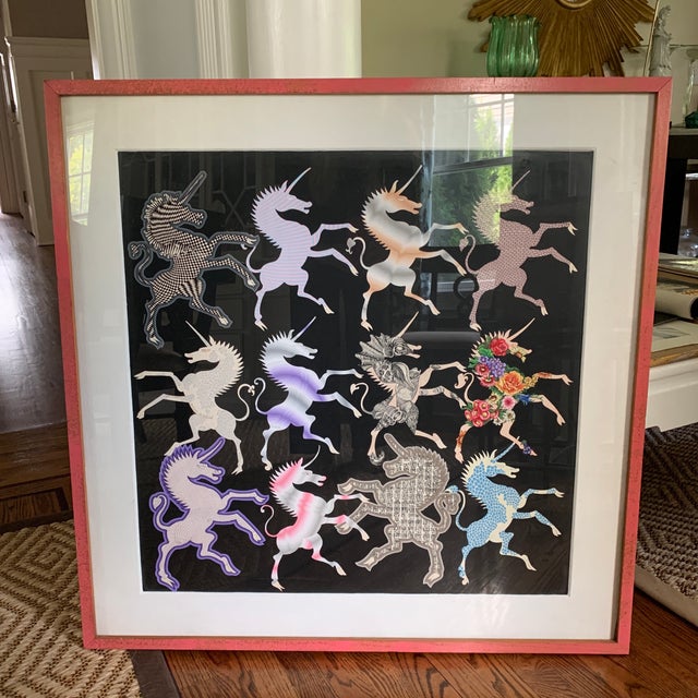 Textile Signed Original Pedro Friedeberg 1986 Unicorn Acrylic Painting With Museum Provenance For Sale - Image 7 of 12