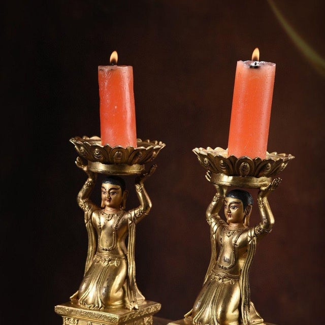 Pair of Vintage Gilt Bronze Kneeling Figure Candle Holders - Asian Altar Candlesticks For Sale - Image 4 of 9