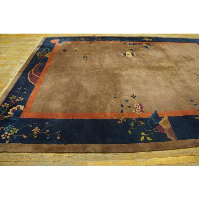 1920s Tan Taupe Floral Antique Chinese Art Deco Carpet 9' X 12' Knotted Wool Rug For Sale - Image 4 of 9