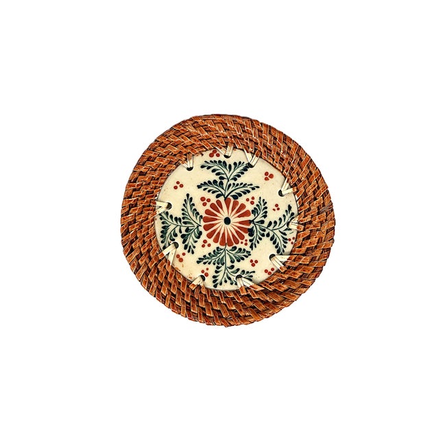 Contemporary Asian Modern Bat Trang Vietnamese Rattan & Ceramic Coasters With Hand Painted Floral Motif - Set of 6 For Sale - Image 3 of 9
