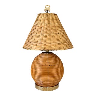 Vintage Pencil Rattan Table Lamp With Crab Finial & Woven Shade For Sale