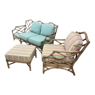 David Francis Attributed Chippendale Rattan Sofa Set. Couch, Chair and Ottoman, Used, Like New, for Fraction of Price. For Sale