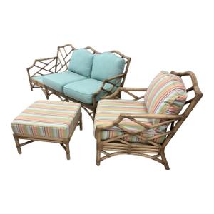 David Francis Attributed Chippendale Rattan Sofa Set. Couch, Chair and Ottoman, Used, Like New, for Fraction of Price.