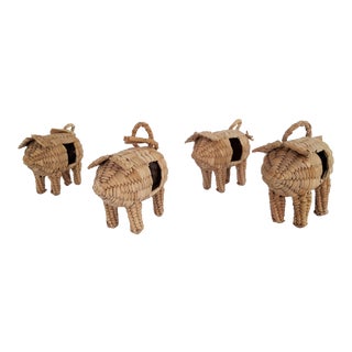 Mario Lopez Torres Style Vintage Raffia Rattan Napkin Holders Pigs -- Mid Century Organic Modern Boho Chic Tropical For Sale