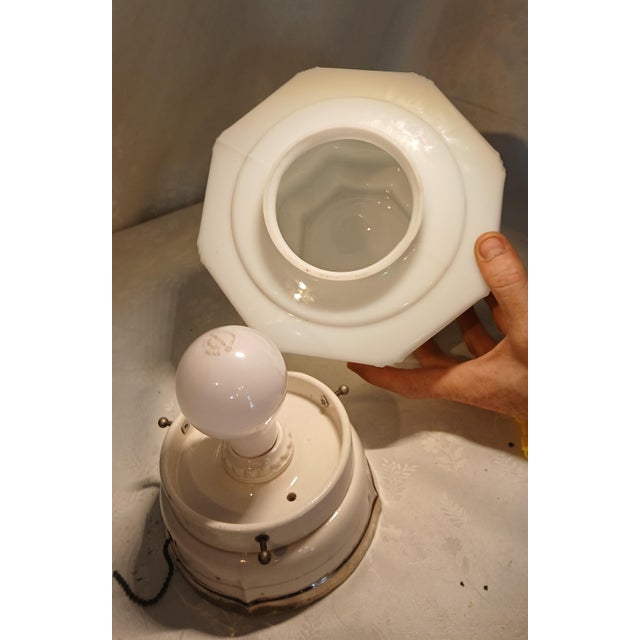 1930s Art Deco Milk Glass Skyscraper "Wedding Cake" Flush Mount Ceiling Light For Sale - Image 4 of 10