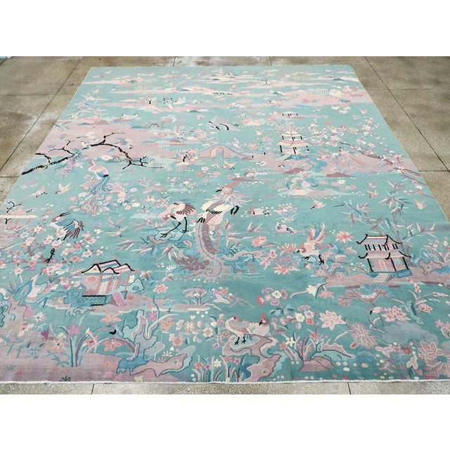 Mid 20th Century Galerie Shabab Collection Mid-20th Century Handmade Chinese Art Deco Room Size Carpet in Seafoam Green For Sale - Image 5 of 10