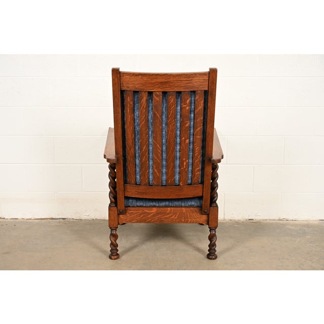 Stickley Brothers Antique Arts & Crafts Carved Oak Barley Twist Lounge Chair With Ottoman, Circa 1920s For Sale - Image 15 of 17