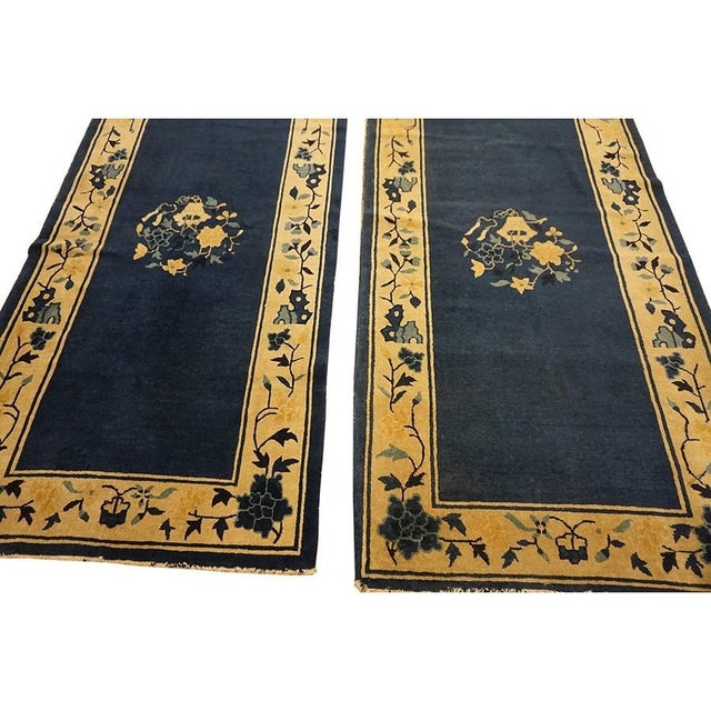 Art Deco 1920s Navy Open Field Floral Deco Oriental Antique Peking Knotted Wool Small Rug For Sale - Image 3 of 6