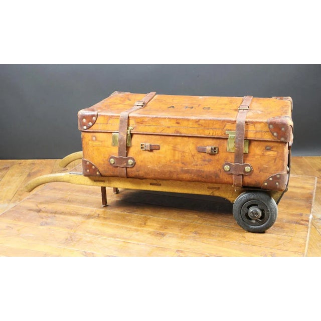 Tan Leather Trunk on Old Trolley, 1930s For Sale - Image 8 of 8