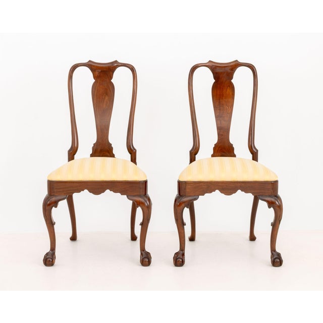Pair of Kindel George II Style Mahogany Side Chairs, with cream and golden striped silk and cotton upholstered seats on...