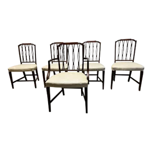 19th Century Antique Set of Five Federal Style Upholstered Dining Chairs With Satinwood Inlay Dining Chairs