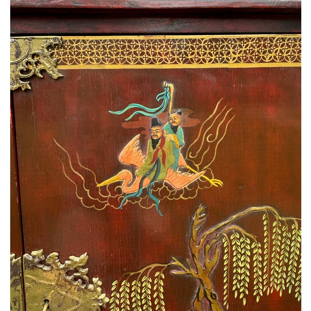 Antique Asian Oxblood Red Cabinet With Green Interior For Sale - Image 10 of 18