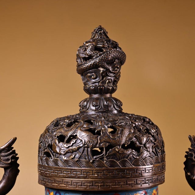 Late 20th Century Pair of Gilt Bronze Cloisonné Enamel Crane Incense Burners For Sale - Image 9 of 10
