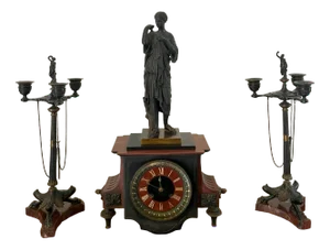 Antique Regency Bronze and Marble Clock Set, 1830, Set of 3