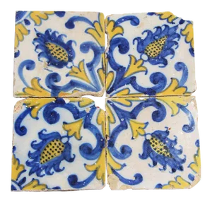 17th Century Cob of Corn Portuguese Baroque Earthenware Tiles - Set of 4