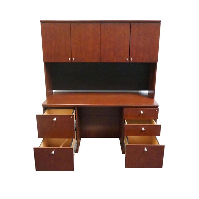 Brown Bernhardt Furniture Cherry Contemporary Modern 60" Computer Credenza Desk W. Filing Cabinets and Cabinet Top For Sale - Image 8 of 16