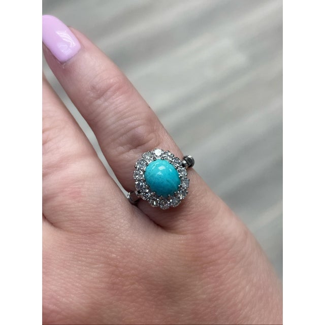 Antique, Turquoise and Diamond Cluster Ring For Sale - Image 4 of 5