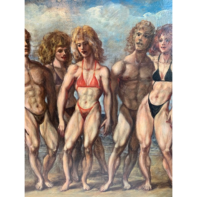 Mid-Century Pop Art Oil Painting Bodybuilders on Beach For Sale - Image 4 of 11