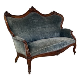 Italian Louis XVI Style Sofa in Light Blue Velvet and Wood, 1930s For Sale