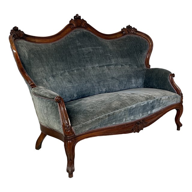 Italian Louis XVI Style Sofa in Light Blue Velvet and Wood, 1930s For Sale