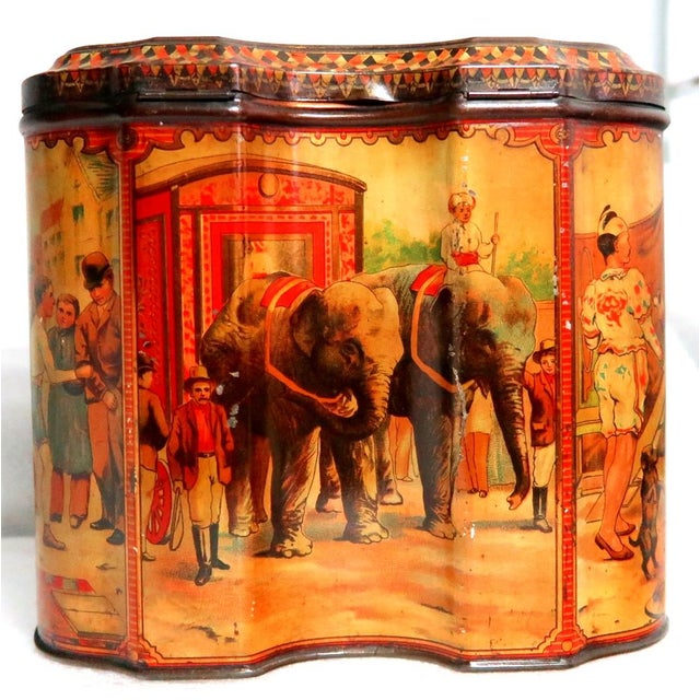 Very Rare Antique Huntley and Palmers Lidded Hinged Biscuit Tin Themed With Monkeys, Children, Cats and Dogs. Circa 1880 - 1900 For Sale - Image 11 of 17