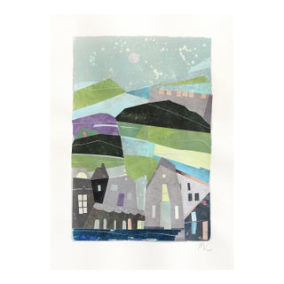 Seaside - Abstract Cool Tone Landscape Collage Mixed Media Art on Paper Original Artwork by Maria C Bernhardsson For Sale