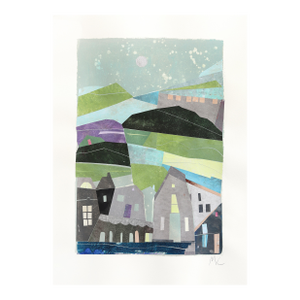 Seaside - Abstract Cool Tone Landscape Collage Mixed Media Art on Paper Original Artwork by Maria C Bernhardsson